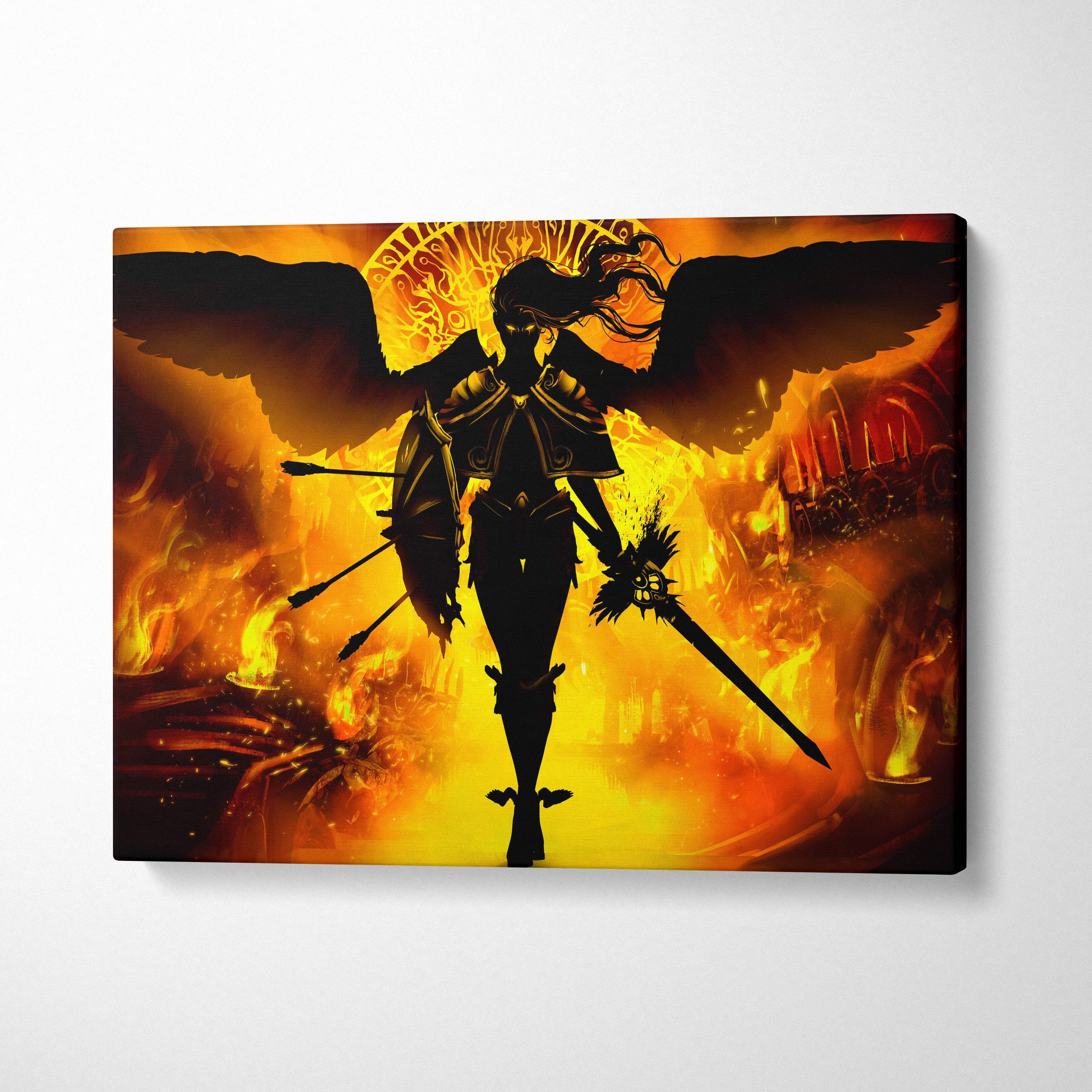 Dark fallen angel warrior canvas wall art with fiery orange and yellow flames featuring a silhouetted armored angel