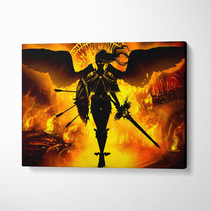 Dark fallen angel warrior canvas wall art with fiery orange and yellow flames featuring a silhouetted armored angel