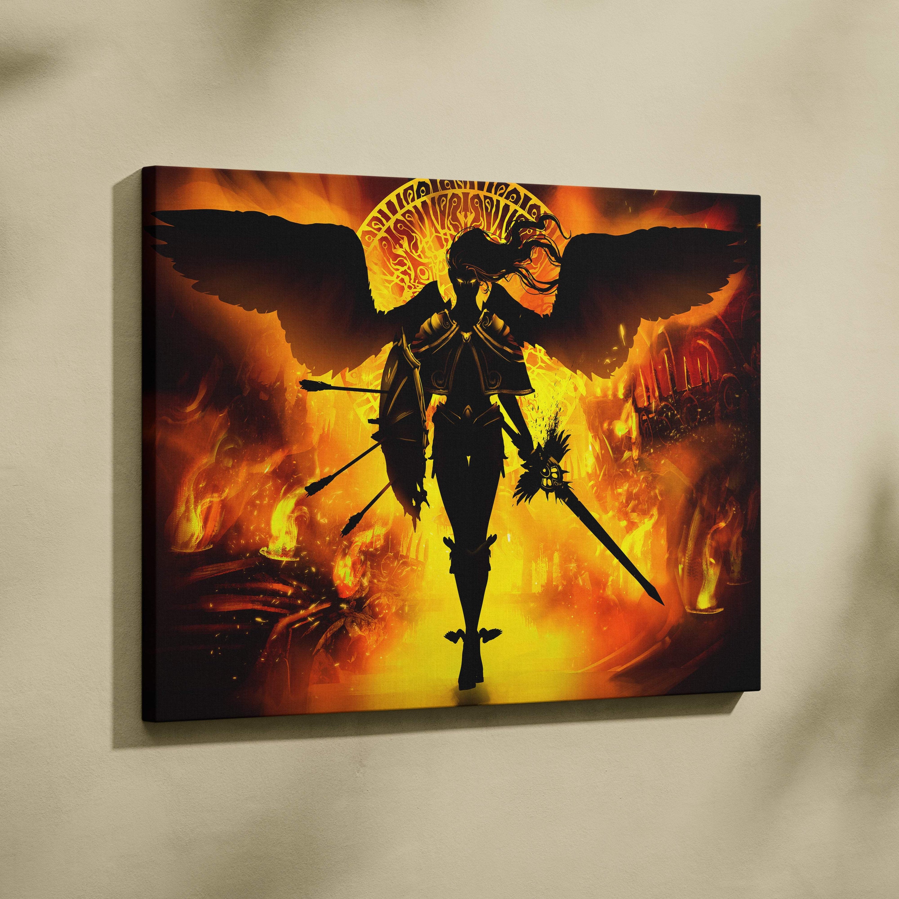 A framed canvas print of a dark fallen angel warrior with sword and shield against a fiery inferno background