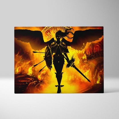 Dark fallen angel warrior canvas wall art with dark silhouette, fiery orange background, golden halo, gothic fantasy decor print