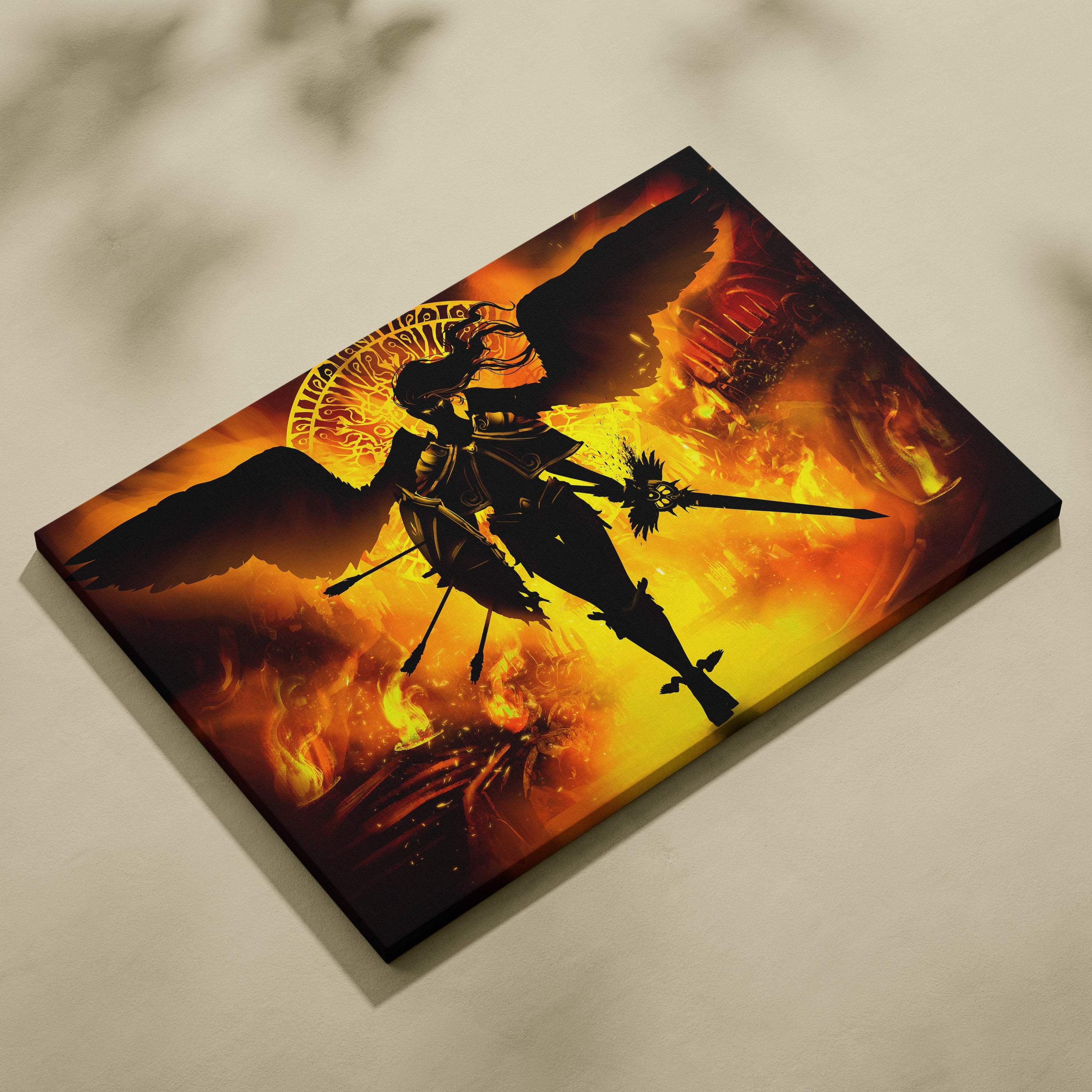 Vibrant orange and yellow canvas print of a winged warrior silhouette with fiery inferno background and golden halo glow