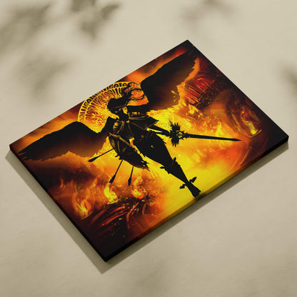 Vibrant orange and yellow canvas print of a winged warrior silhouette with fiery inferno background and golden halo glow