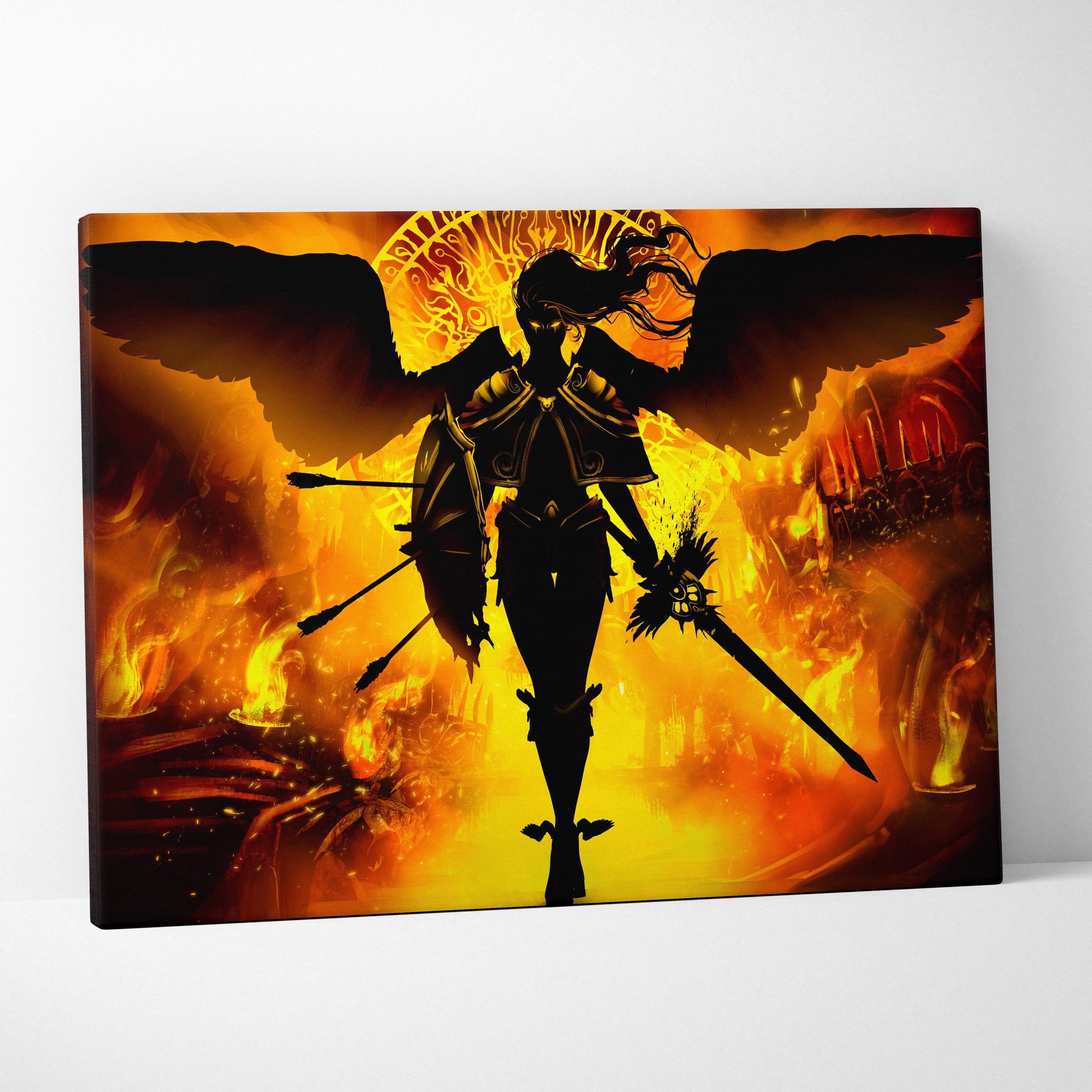 A framed canvas print of a dark fallen angel warrior silhouette with fiery inferno background and golden halo glow