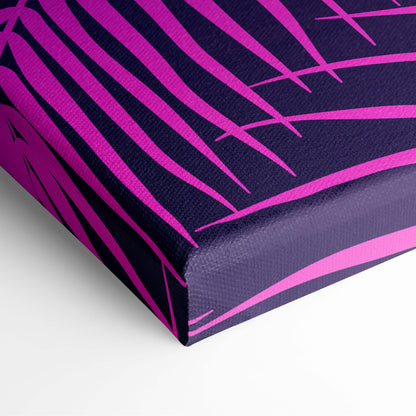 Vaporwave palm leaf sunset canvas art print with bold diagonal magenta stripes on deep navy background for tropical decor