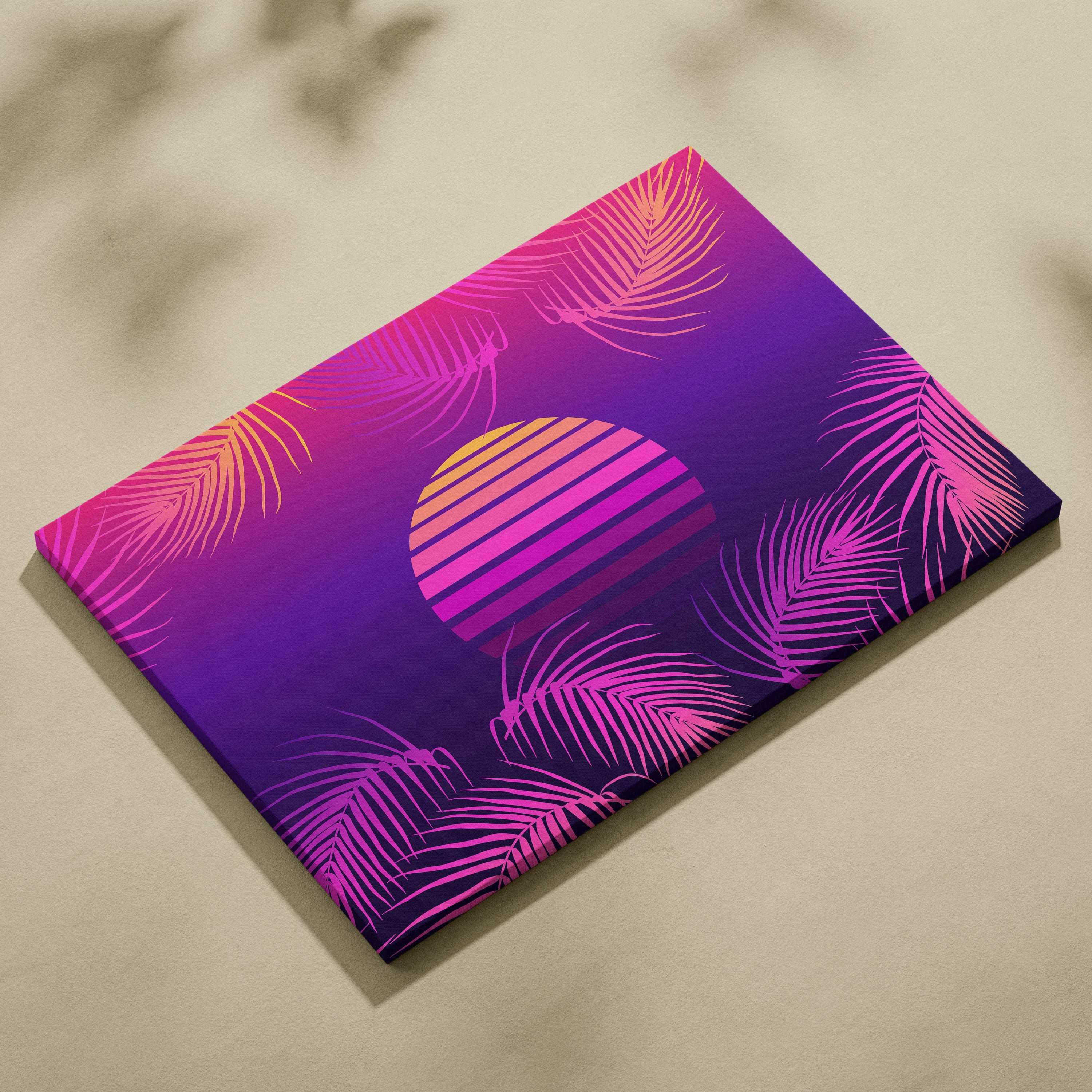 Vaporwave palm leaf sunset canvas art print featuring pink and purple neon gradient with stylized palm fronds and retro sun