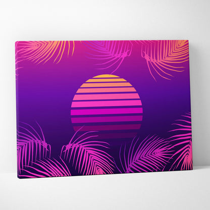 Vibrant retro-style canvas print featuring a striped sunset and stylized palm fronds in pink purple neon hues