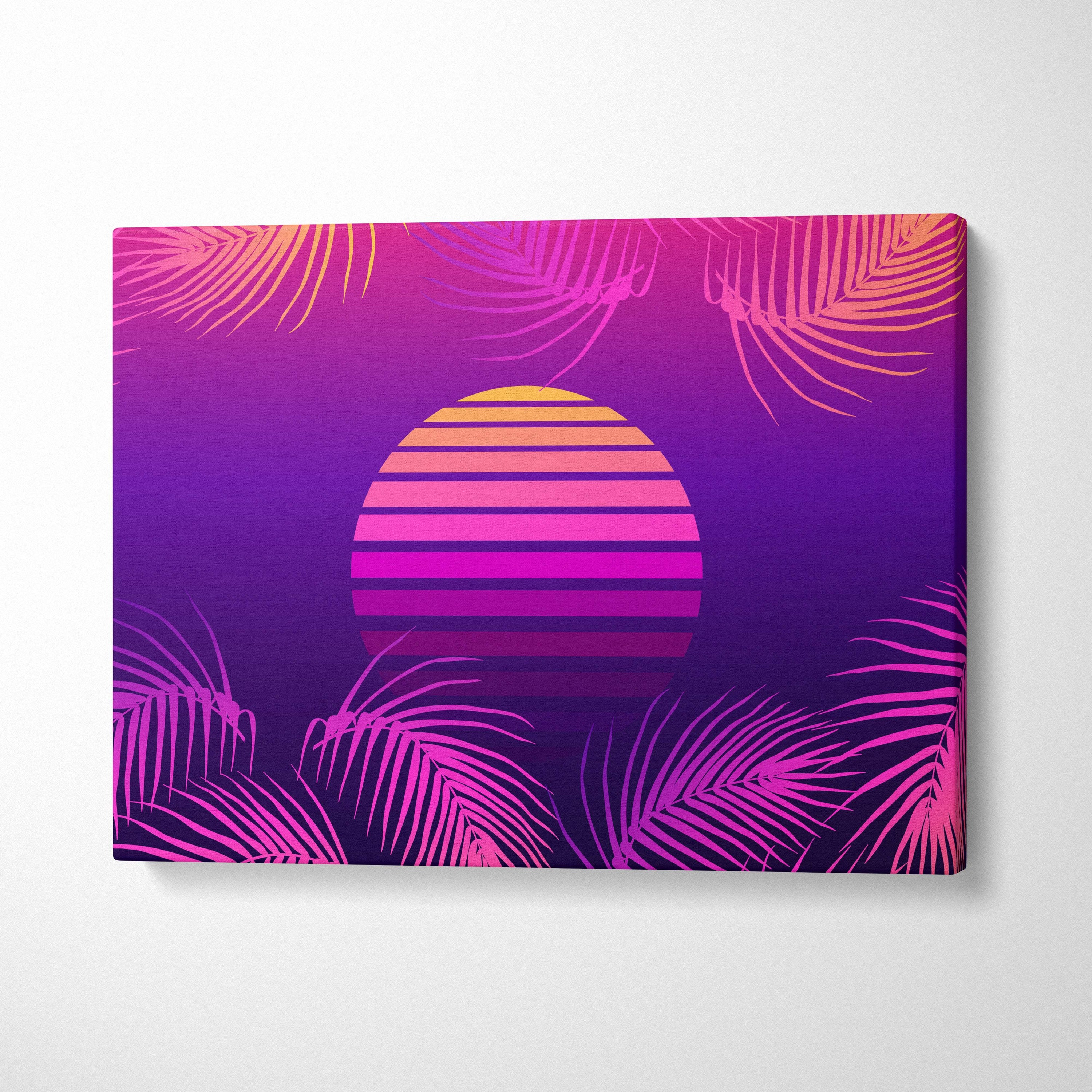 Vibrant retro-style canvas art print featuring a striped sunset with purple pink sky and stylized palm fronds
