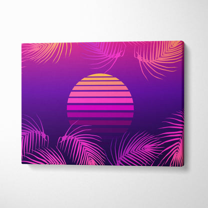 Vibrant retro-style canvas art print featuring a striped sunset with purple pink sky and stylized palm fronds