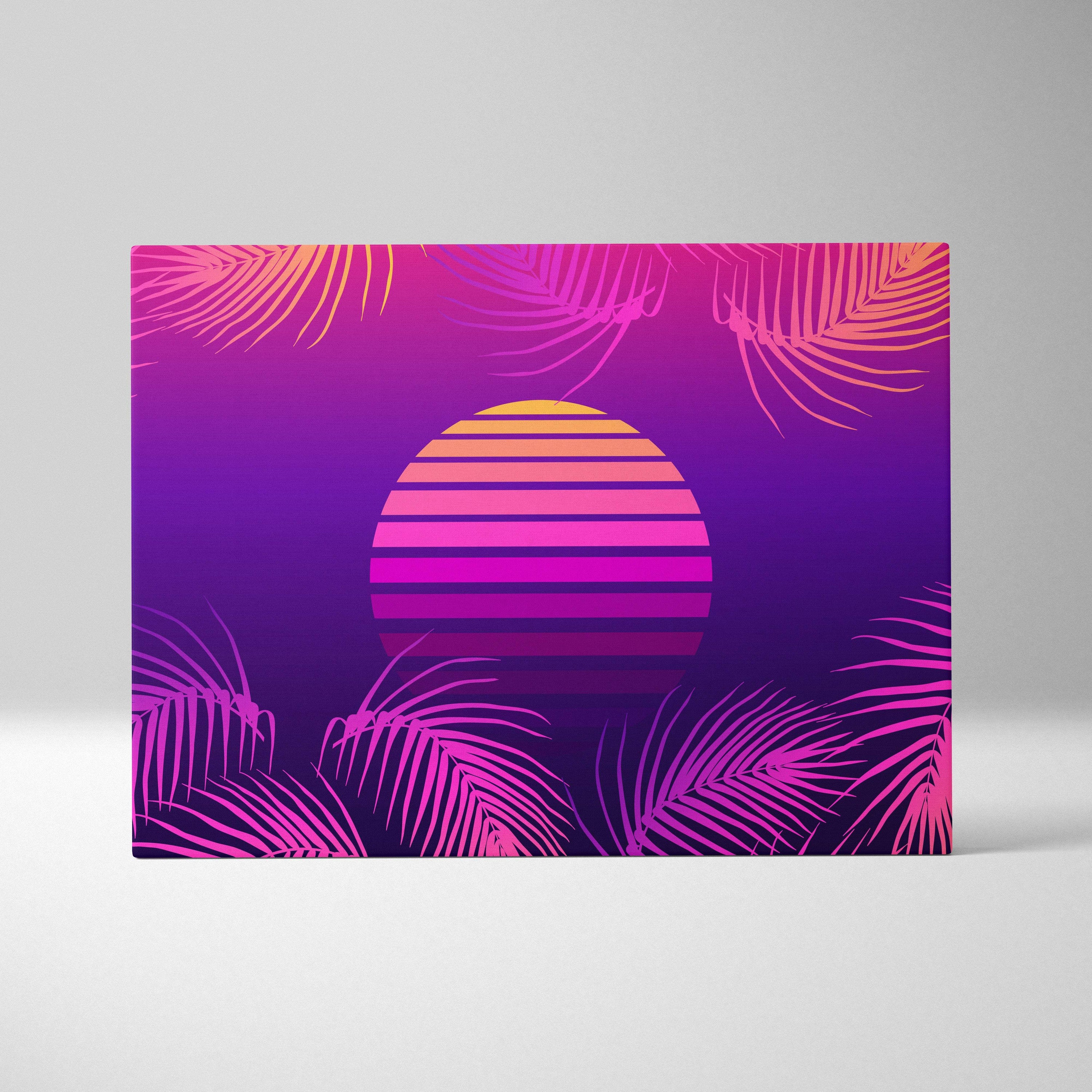 Vibrant retro-style canvas print featuring a striped pink and purple sun framed by stylized palm fronds for tropical wall decor