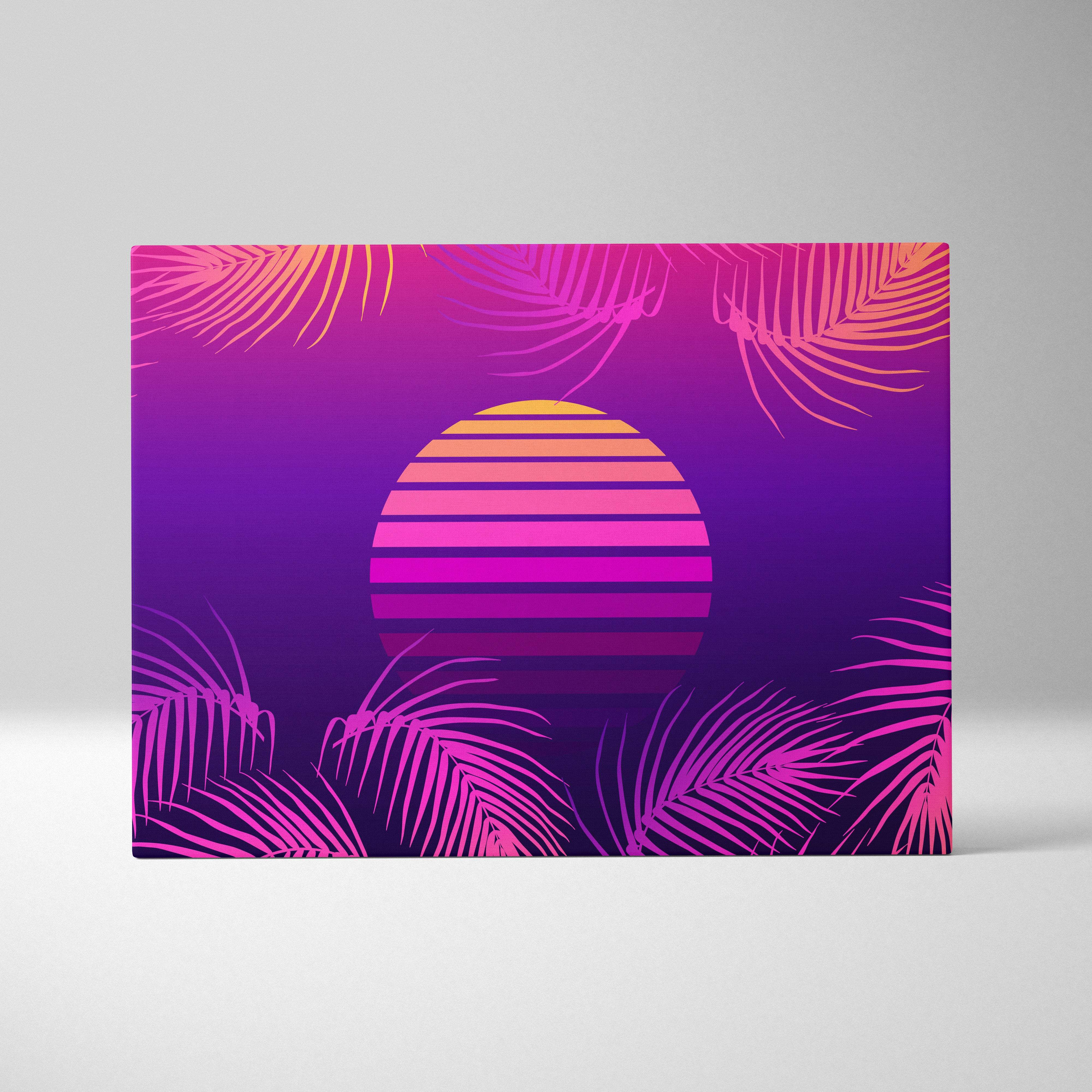Vibrant retro-style canvas print featuring a striped pink and purple sun framed by stylized palm fronds for tropical wall decor
