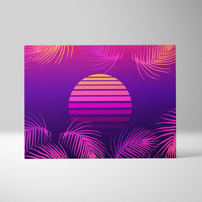 Vibrant retro-style canvas print featuring a striped pink and purple sun framed by stylized palm fronds for tropical wall decor