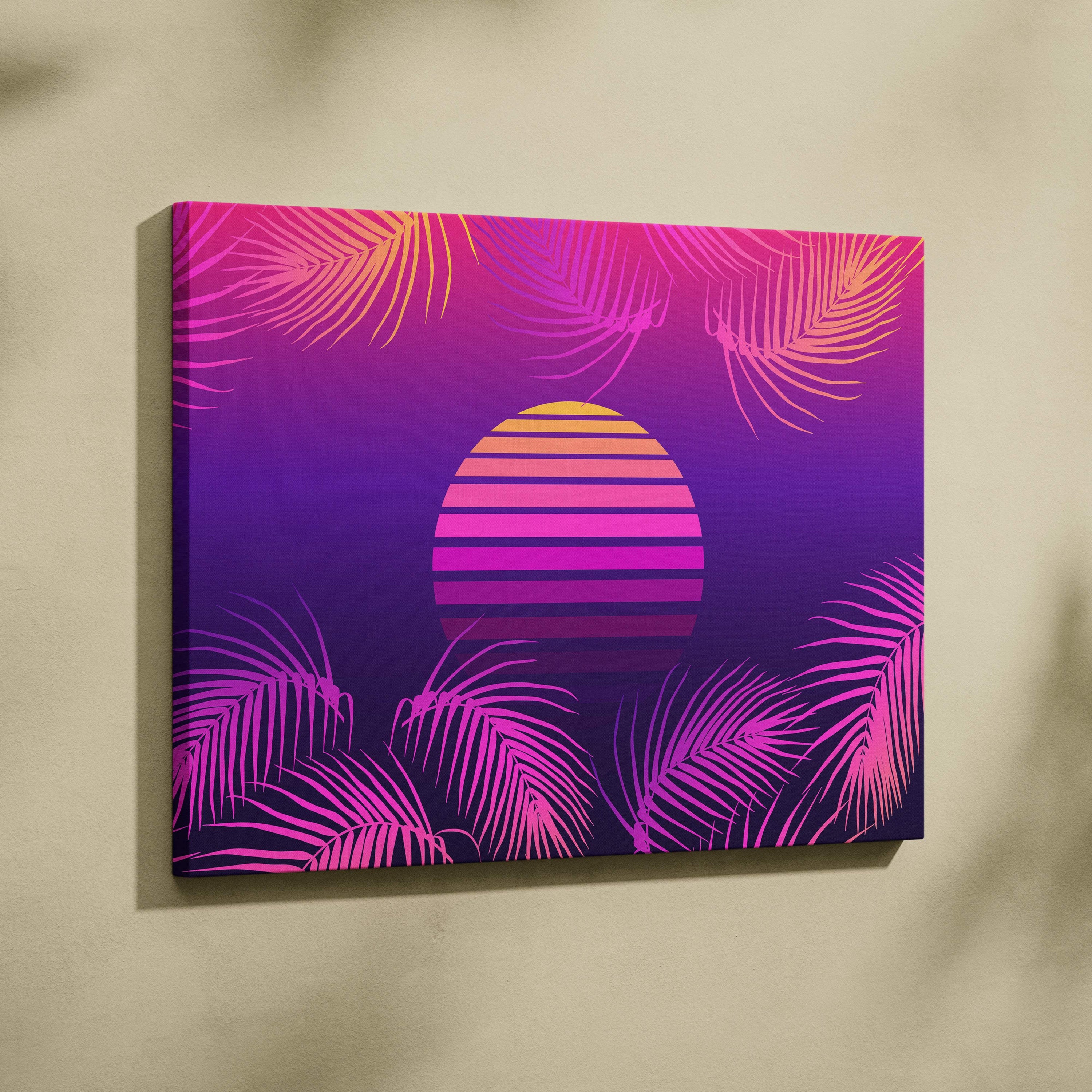 Vaporwave palm leaf sunset canvas art print with neon pink palm fronds and striped sun on purple gradient background