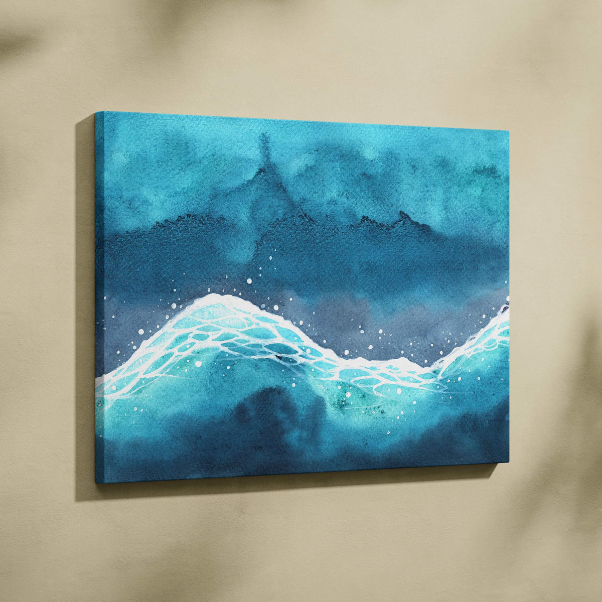 Vibrant turquoise watercolor ocean waves canvas wall art with white foam glow