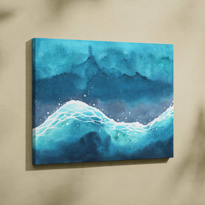 Vibrant turquoise watercolor ocean waves canvas wall art with white foam glow
