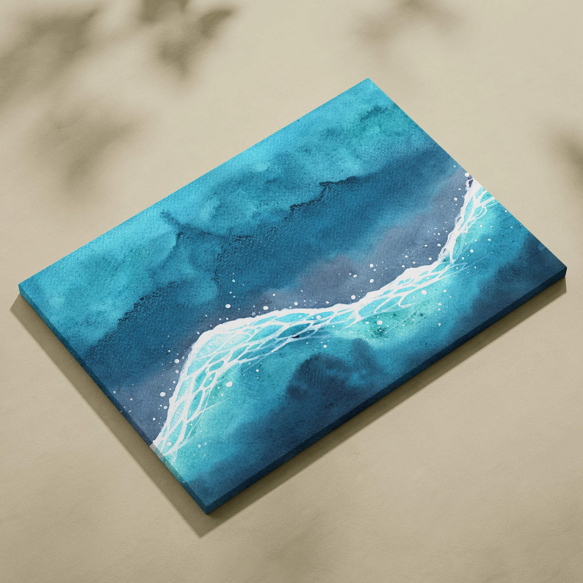 Watercolor ocean wave canvas wall art in turquoise glow with white foam