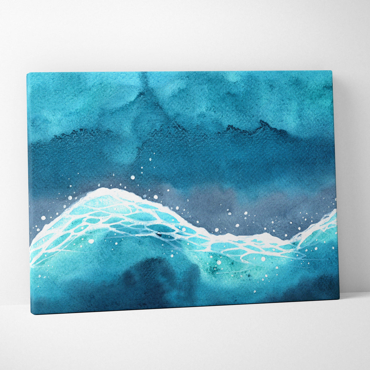 Watercolor ocean wave canvas wall art in turquoise glow with white foam