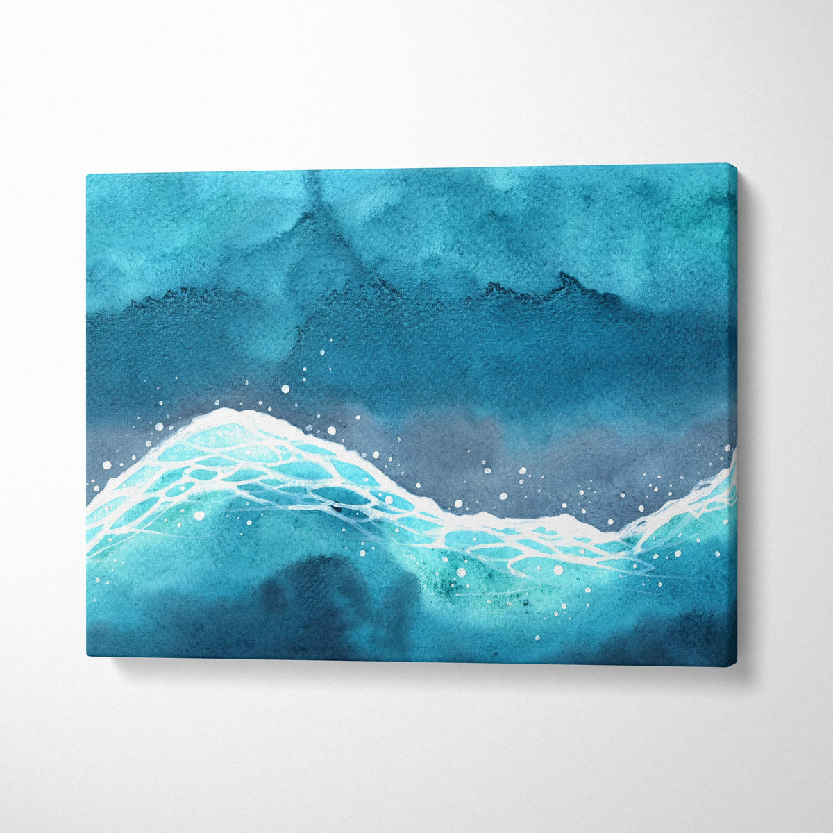 Watercolor ocean wave canvas wall art in turquoise glow with white foam