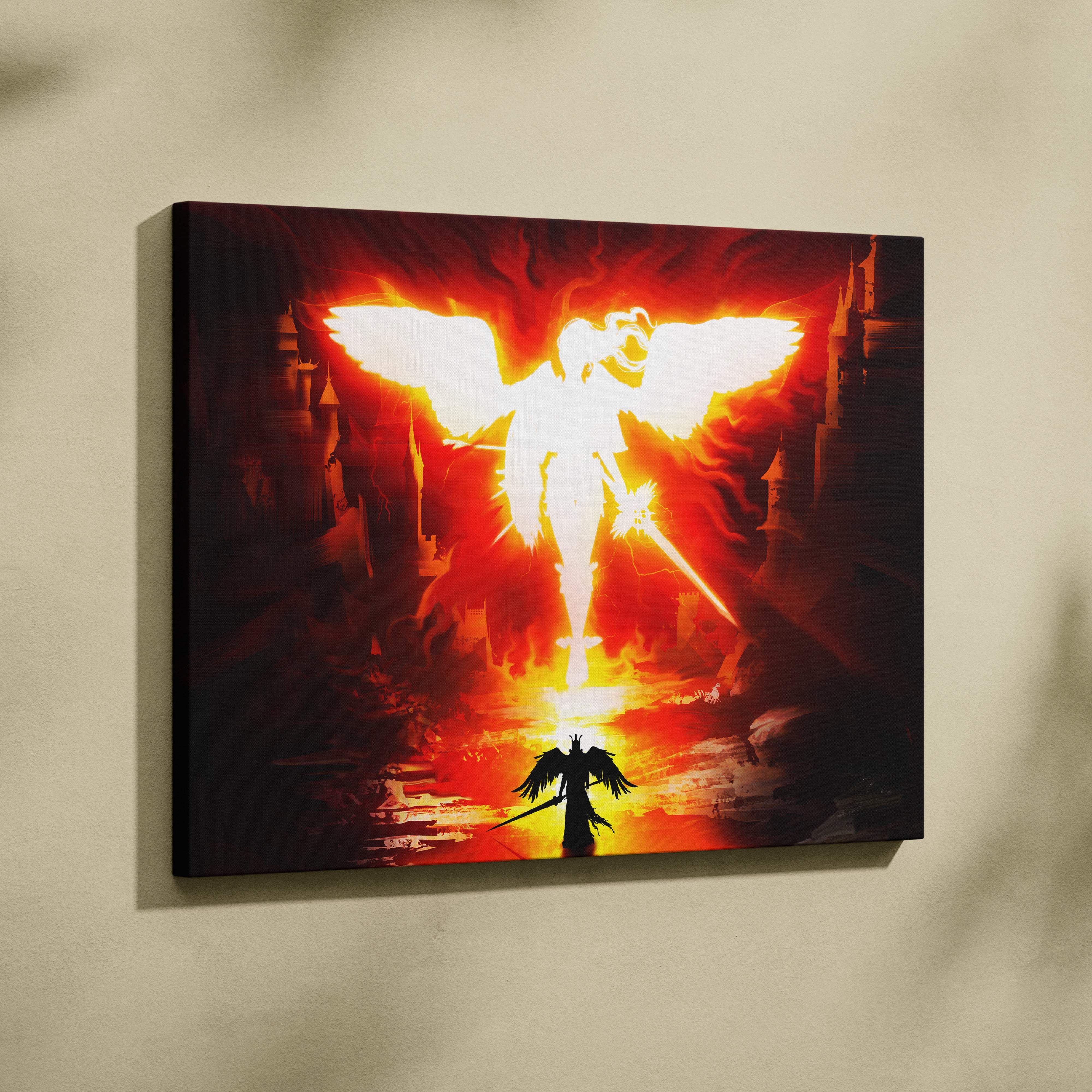 Radiant angel ascension canvas wall art featuring fiery red and gold winged figures in a dramatic fantasy light vs darkness scene