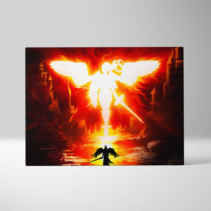 Rectangular canvas print of a fiery red and gold glowing angelic figure with outstretched wings above a dark warrior silhouette