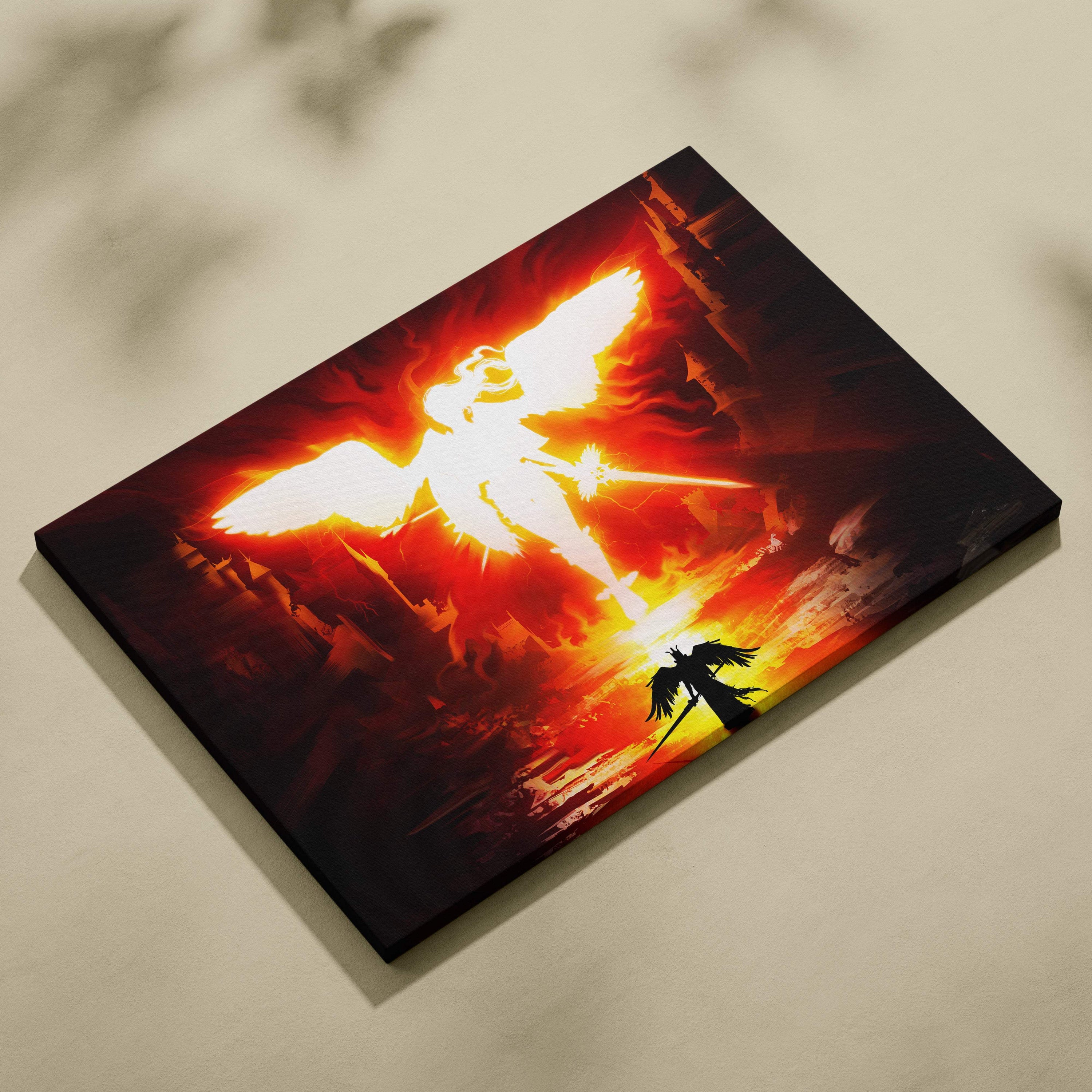 Vibrant red and orange canvas print of a glowing angelic figure soaring above a dark winged silhouette in a fiery sky