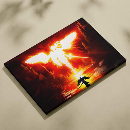 Vibrant red and orange canvas print of a glowing angelic figure soaring above a dark winged silhouette in a fiery sky