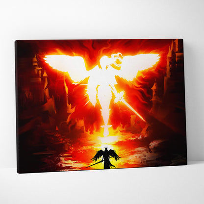Radiant angel ascension canvas wall art with fiery red and gold glowing celestial warrior above dark silhouette