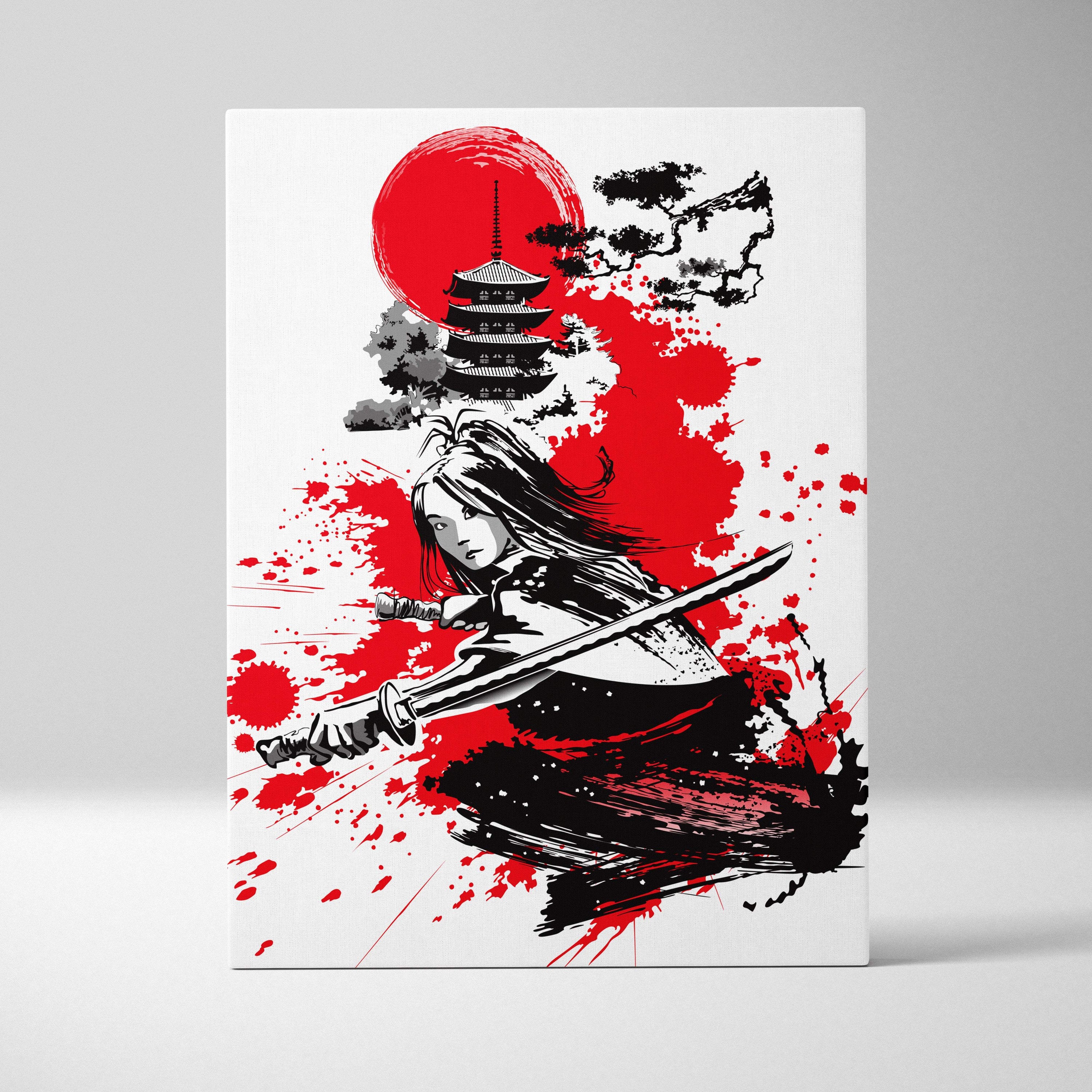 Samurai warrior canvas wall art featuring black and white ink painting with bold red sun and crimson splatters for decor
