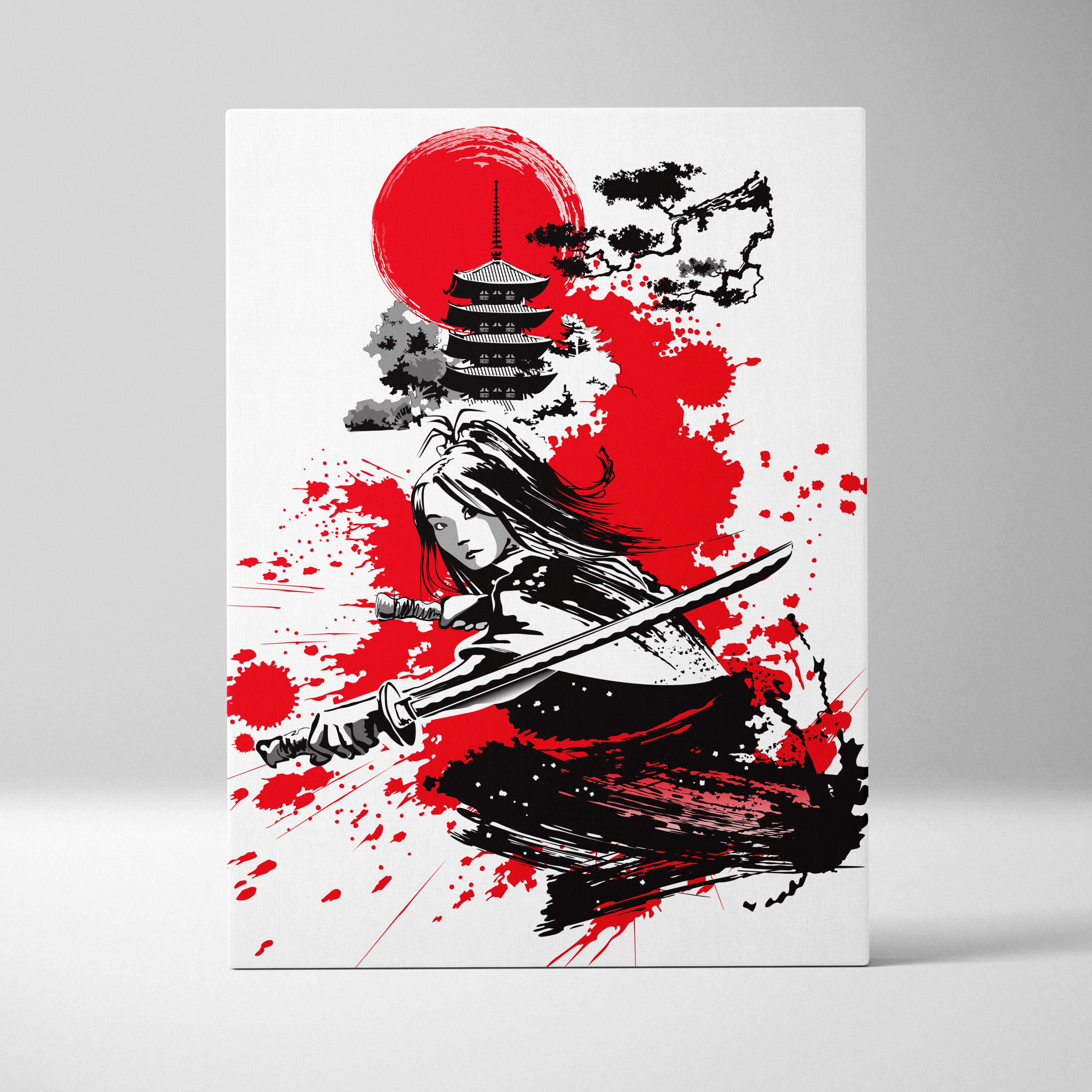 Samurai warrior canvas wall art featuring black and white ink painting with bold red sun and crimson splatters for decor