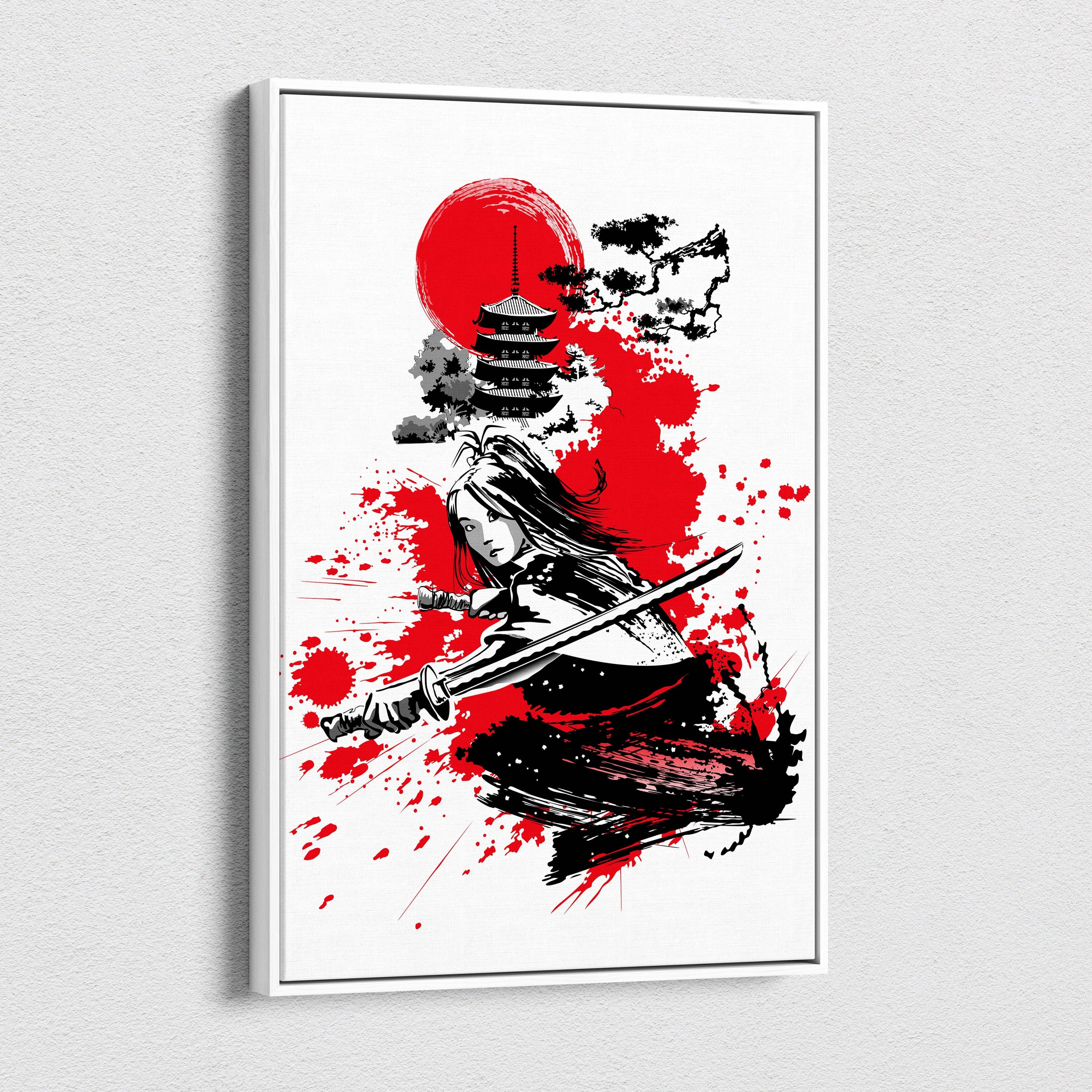 A framed samurai warrior canvas wall art in red black japanese ink style with a katana and red sun backdrop