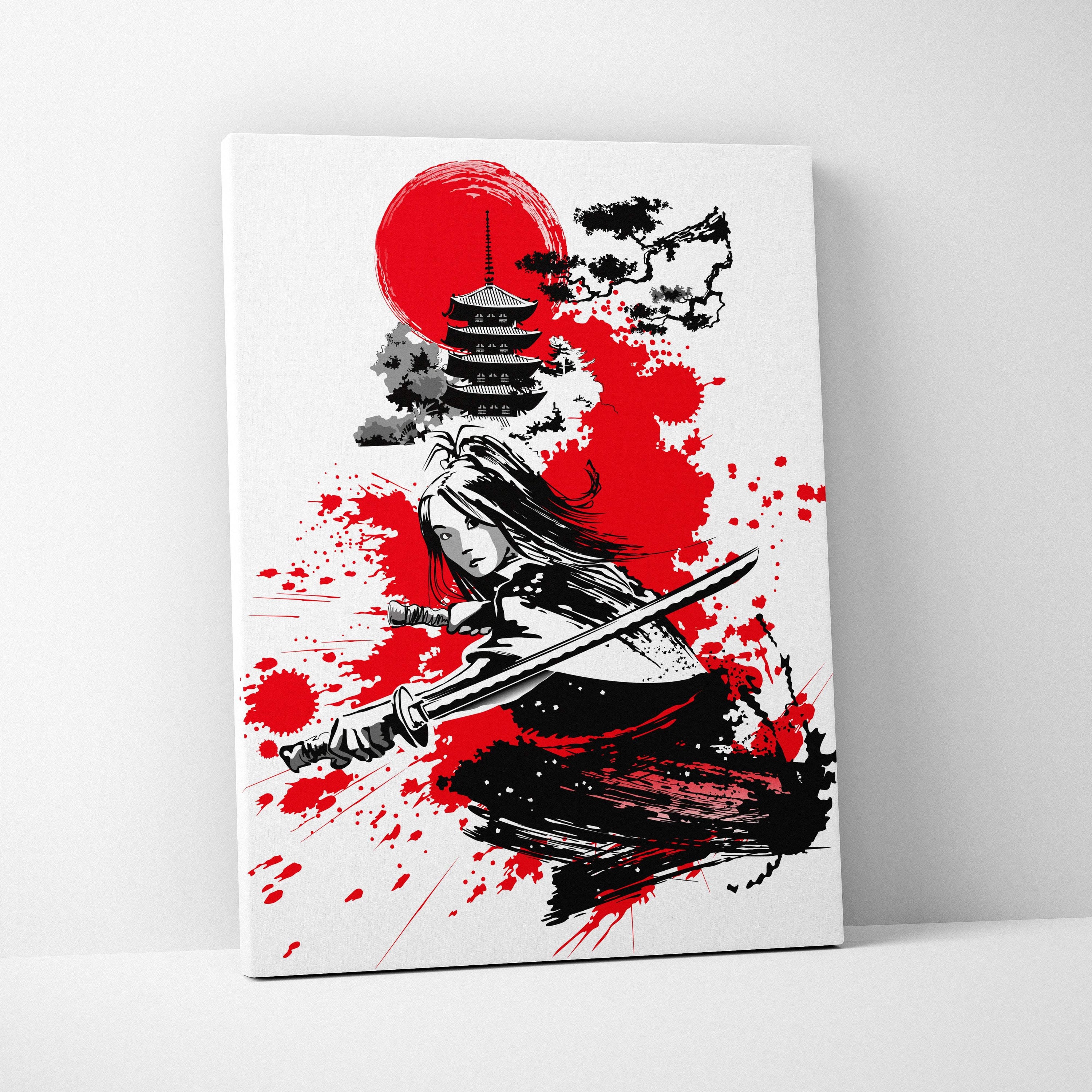 White canvas print of samurai warrior wall art with black and red ink katana and red sun pagoda background