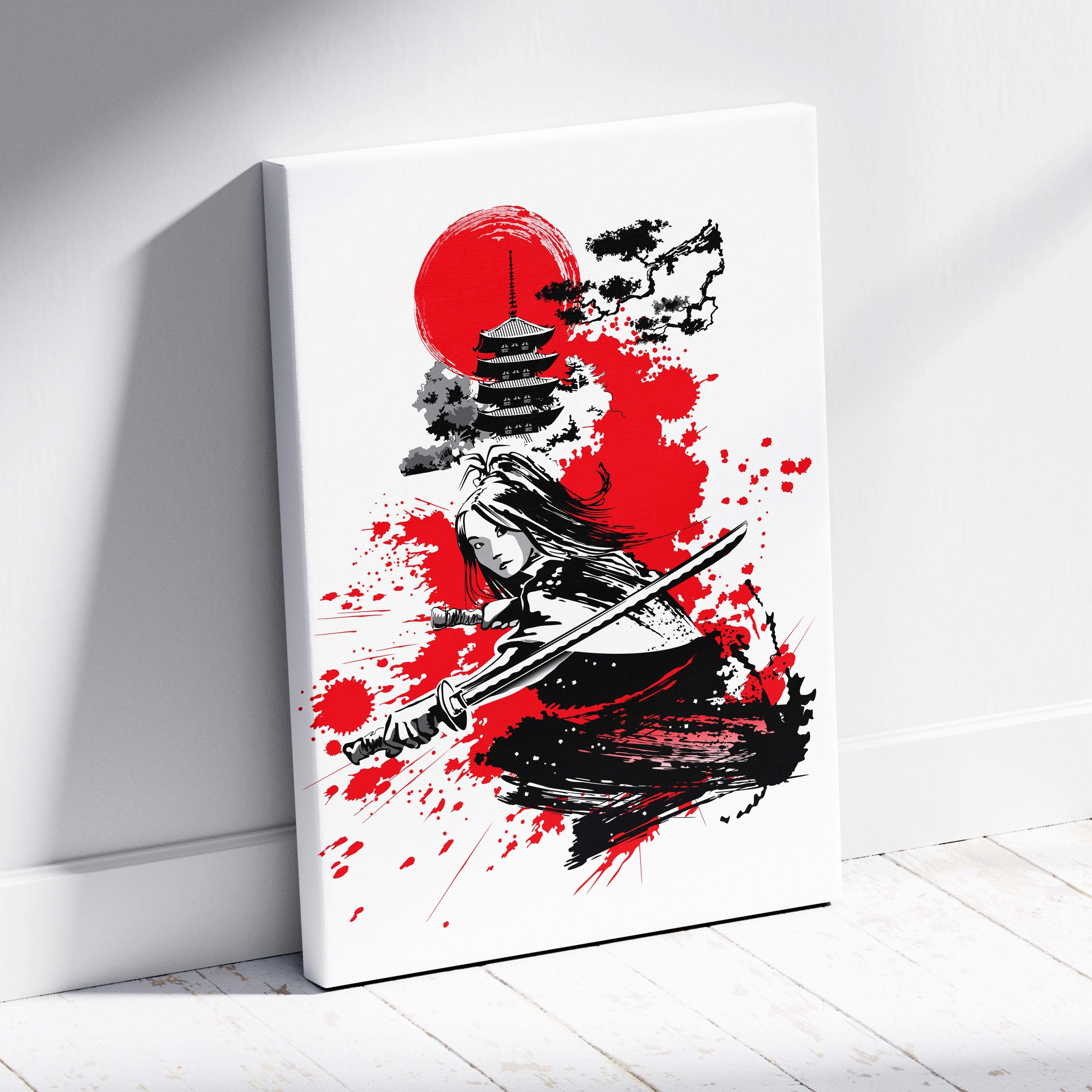 White canvas print of a red and black stylized samurai warrior with sword and red sun pagoda background wall art