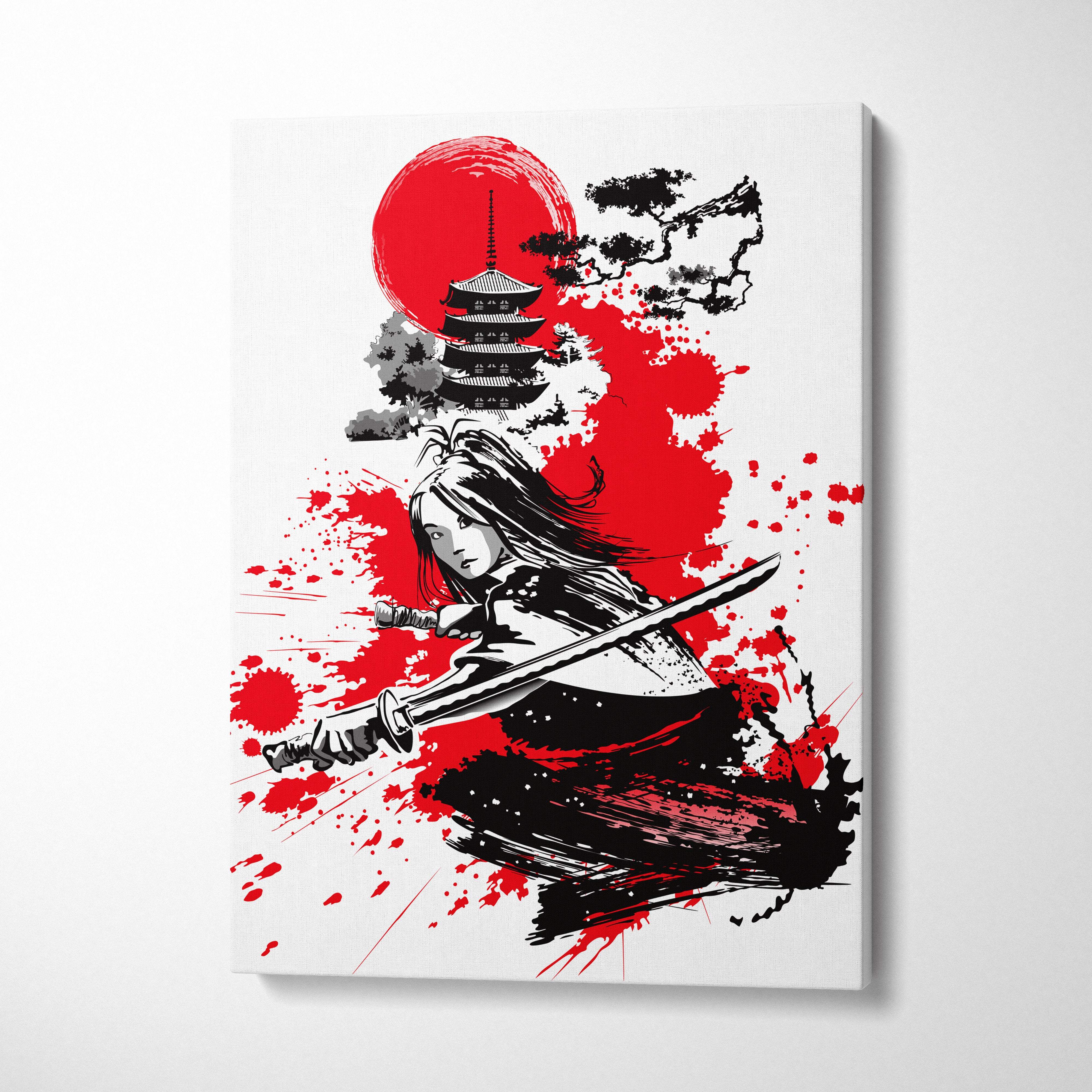 Stylized samurai warrior canvas wall art featuring black and white ink painting with bold red sun background for home decor