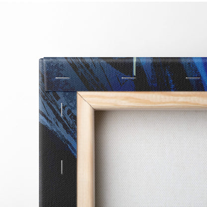 Minimalist wooden frame with natural finish holding moonlit gothic cityscape canvas featuring bold blue and black brushstrokes
