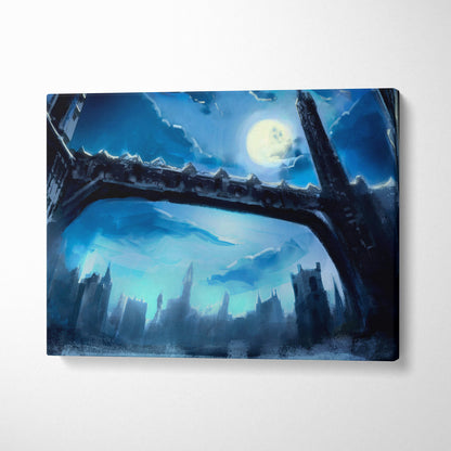 Rectangular canvas print of a moody gothic cityscape under a full moon with dark blue and teal tones