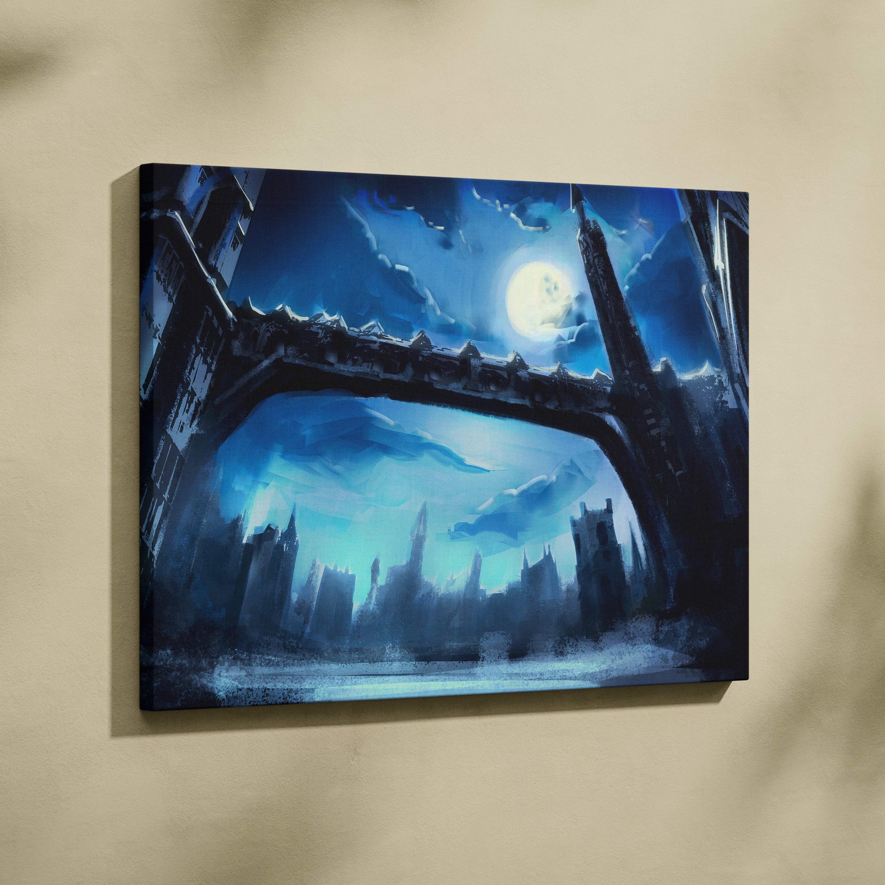 Blue-toned canvas print of a moonlit gothic cityscape under an arched medieval bridge for moody wall decor