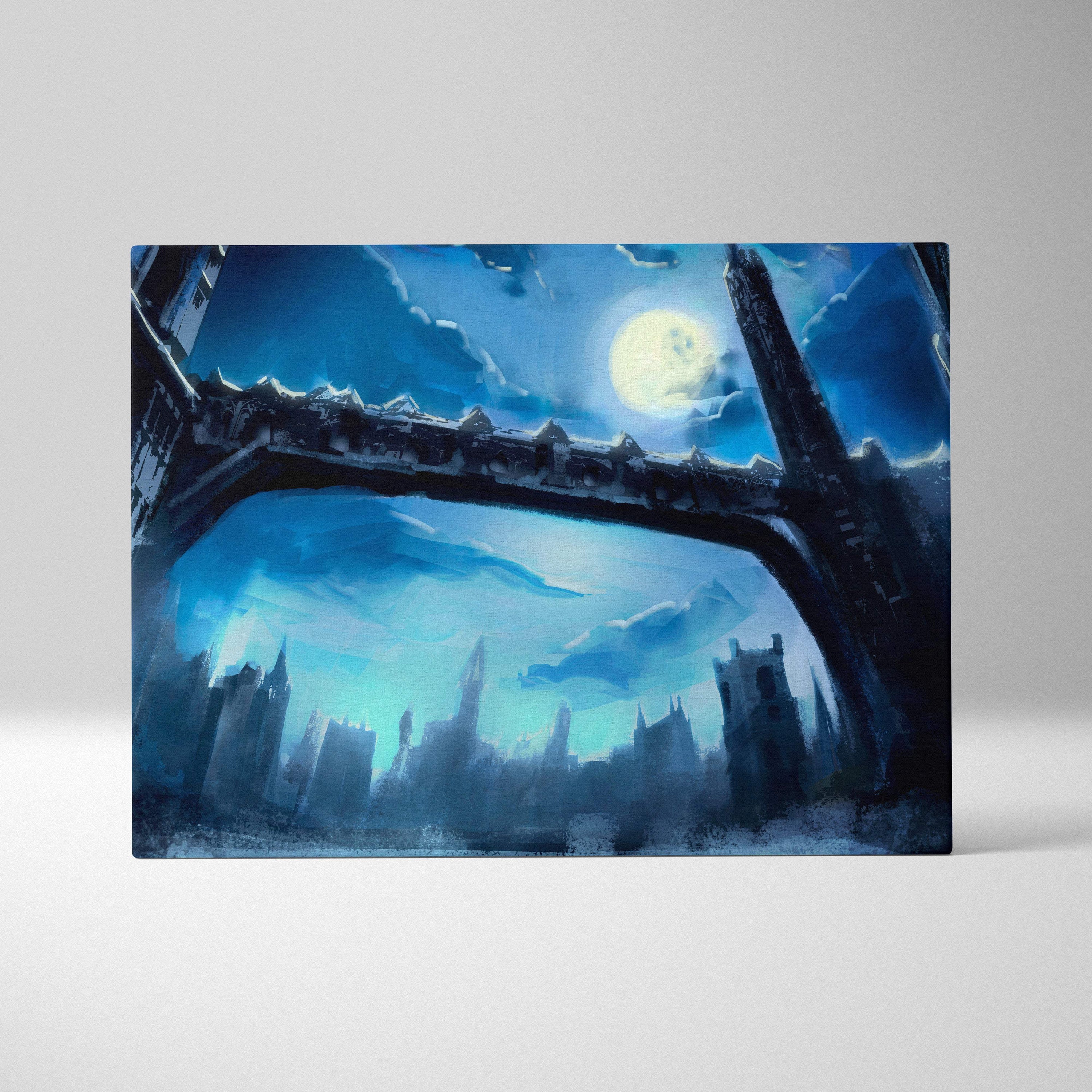 Moonlit gothic cityscape canvas wall art with blue tones featuring a glowing moon and silhouetted medieval ruins