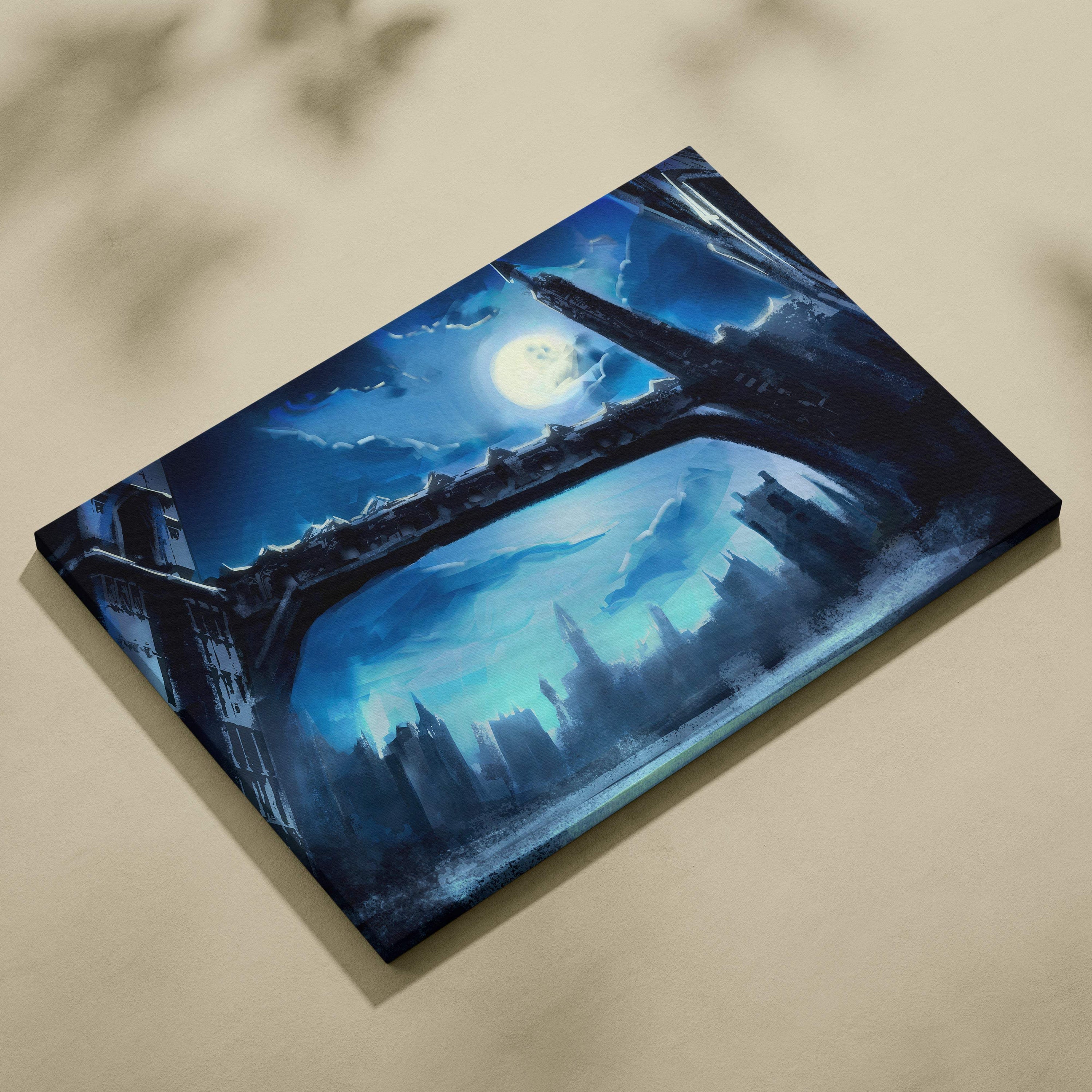 Blue-toned canvas painting of a moonlit gothic cityscape with dark arched structures and a moody night sky decor print