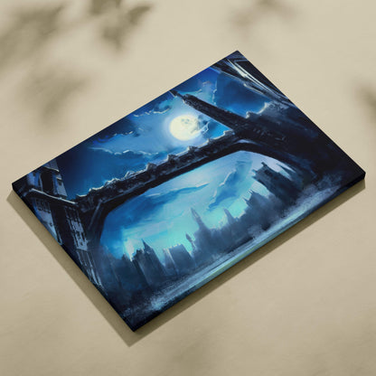 Blue-toned canvas painting of a moonlit gothic cityscape with dark arched structures and a moody night sky decor print