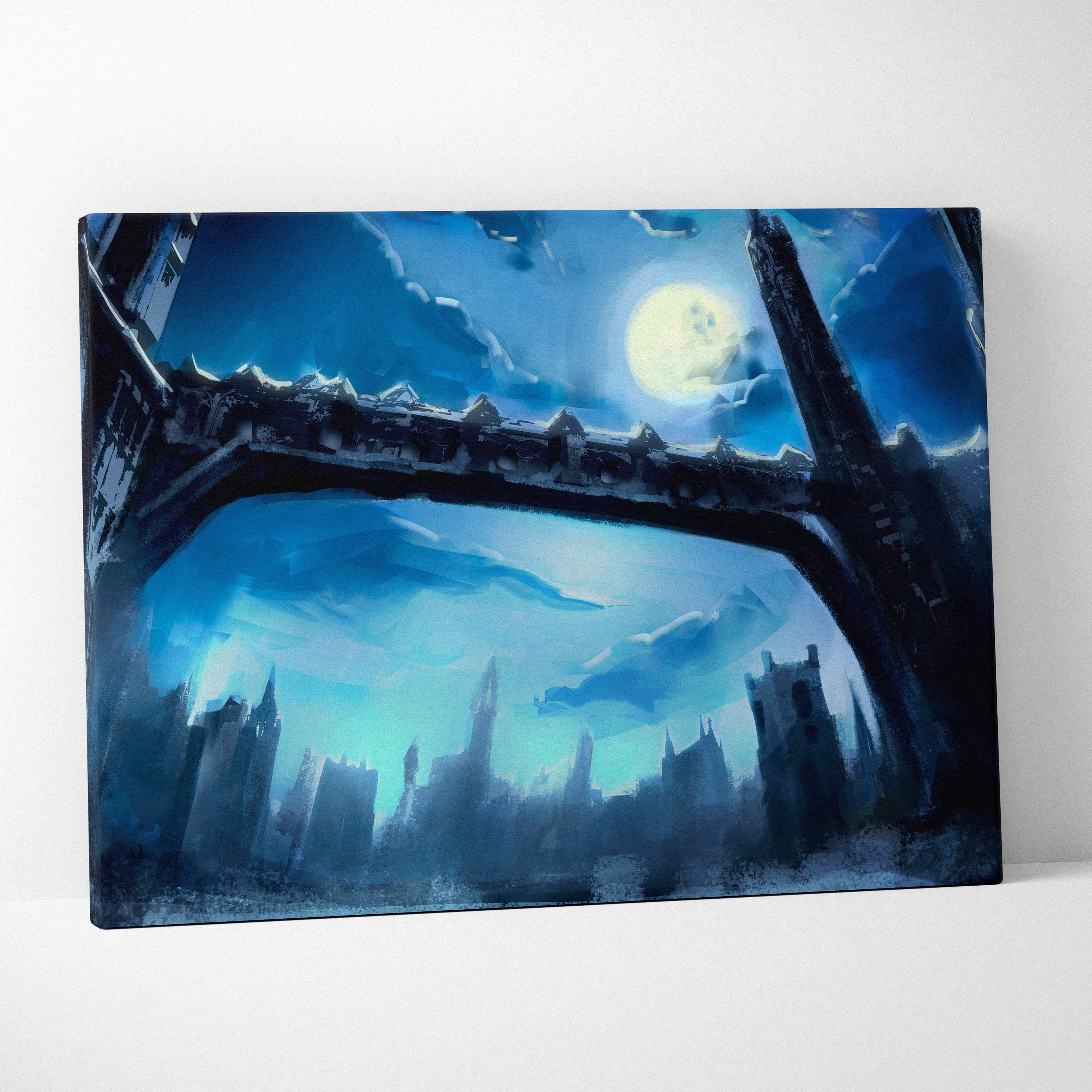 Blue-toned canvas print of a moonlit gothic cityscape with a dark blue sky under an arched medieval bridge