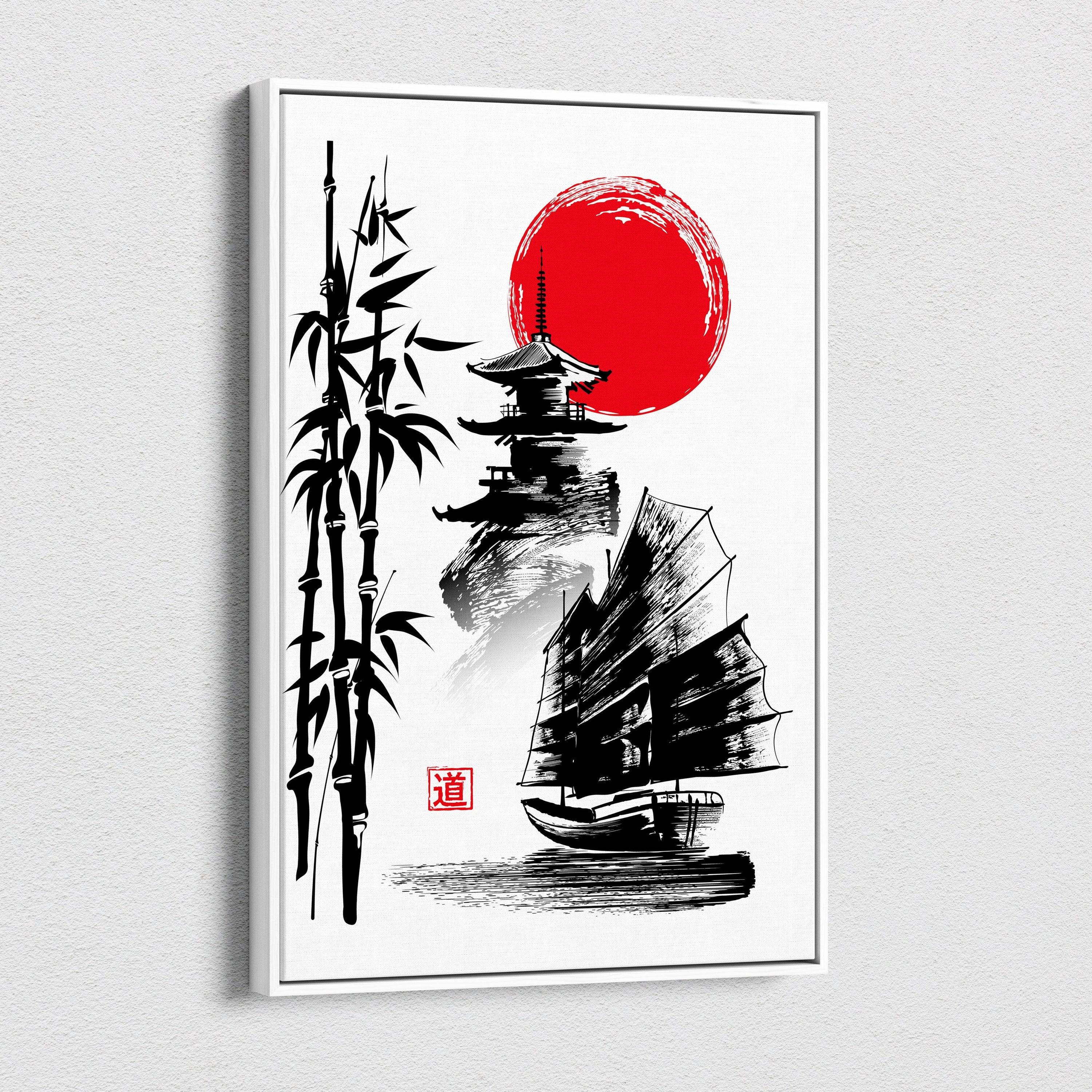 Black ink brushstroke japanese bamboo sailboat canvas wall art with red sun pagoda minimalist zen travel decor
