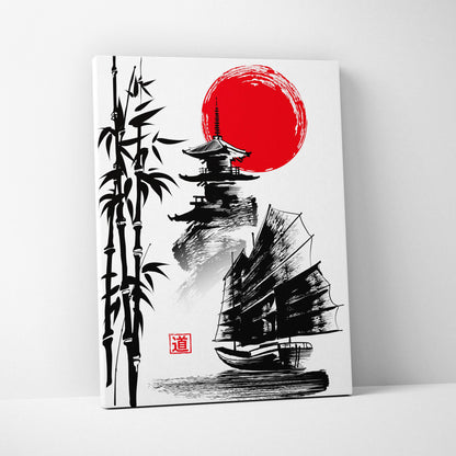 Minimalist japanese bamboo sailboat canvas wall art with bold red sun black ink pagoda on white background