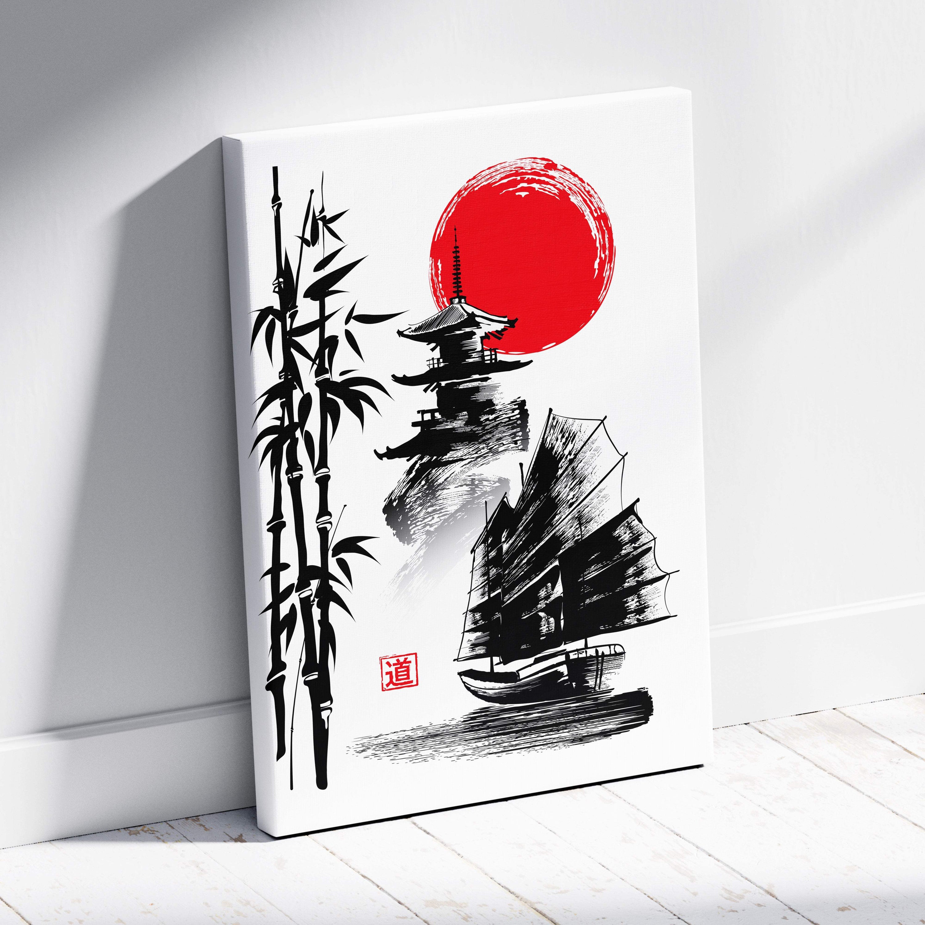White canvas print with black ink bamboo pagoda and sailboat illustration against a bold red sun for zen decor