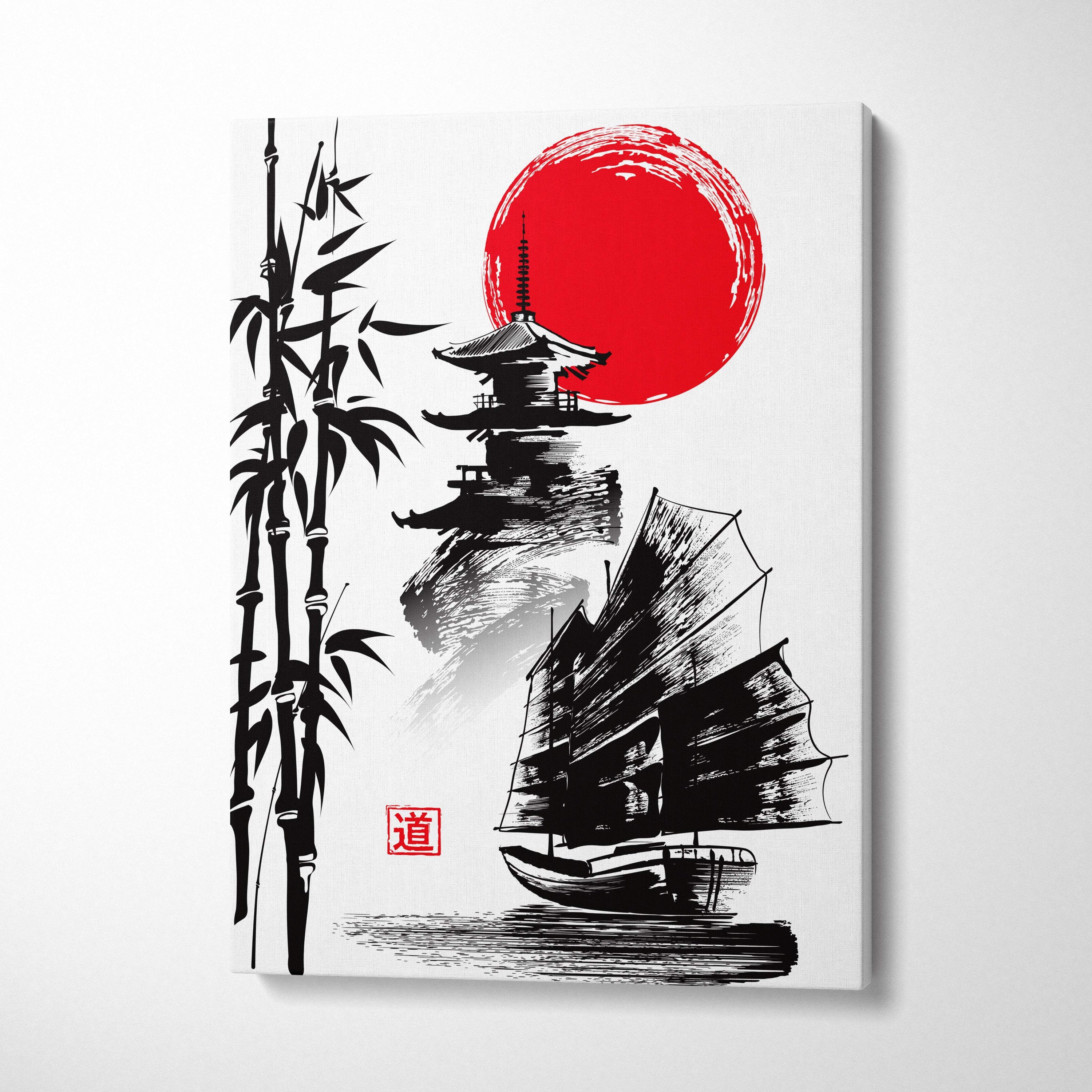 Black ink brushstroke japanese pagoda bamboo and red sun on white canvas minimalist zen wall art for living room or bedroom