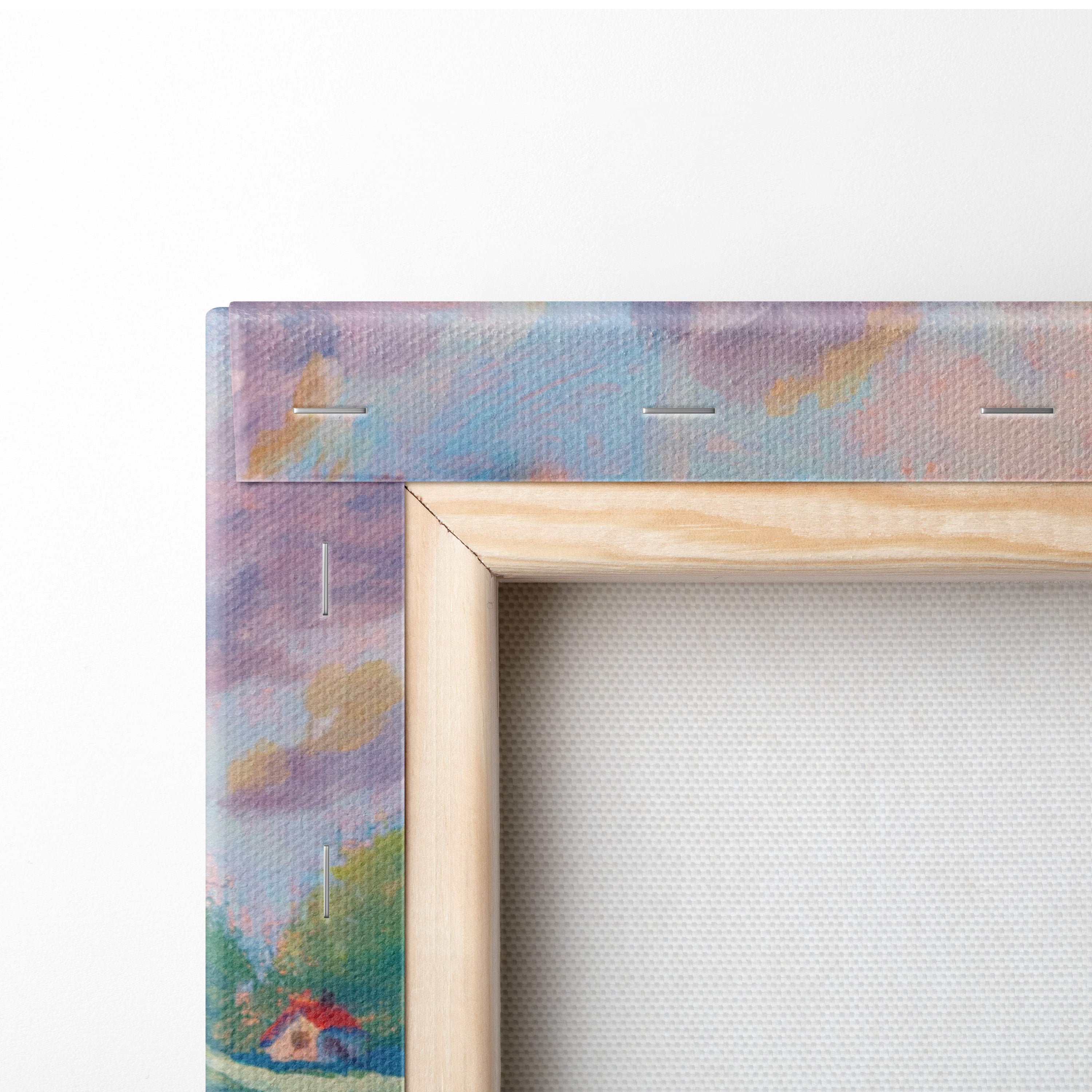 Wooden-framed canvas painting with soft pastel skies and green poppy field for sunny farmhouse wall decor