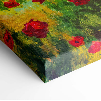 Yellow green poppy field canvas wall art featuring vibrant red poppies in an impressionistic sunny farmhouse landscape