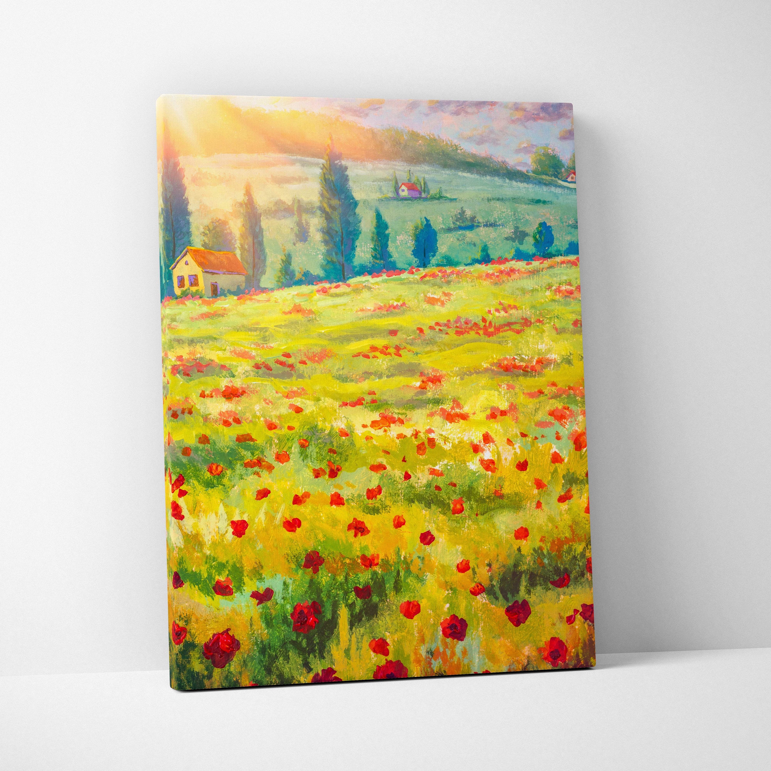 Vibrant canvas print of a sunny yellow green poppy field with rolling hills for farmhouse wall art decor