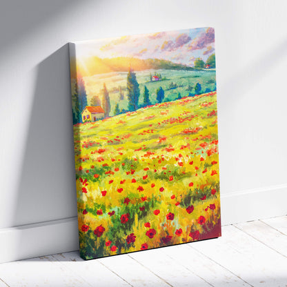 Yellow green poppy field canvas wall art featuring a sunlit red poppy meadow with rolling green hills and houses