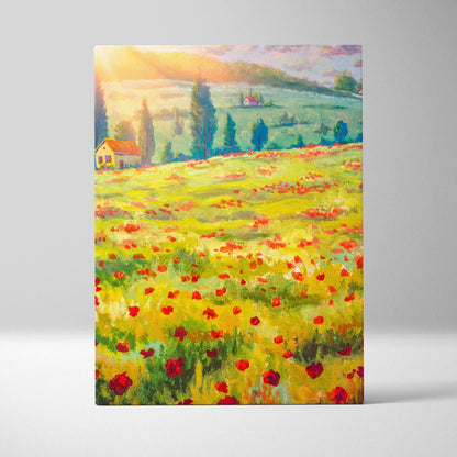 Vibrant canvas wall art featuring a sunlit field of red poppies with green hills and cottages in a sunny farmhouse style