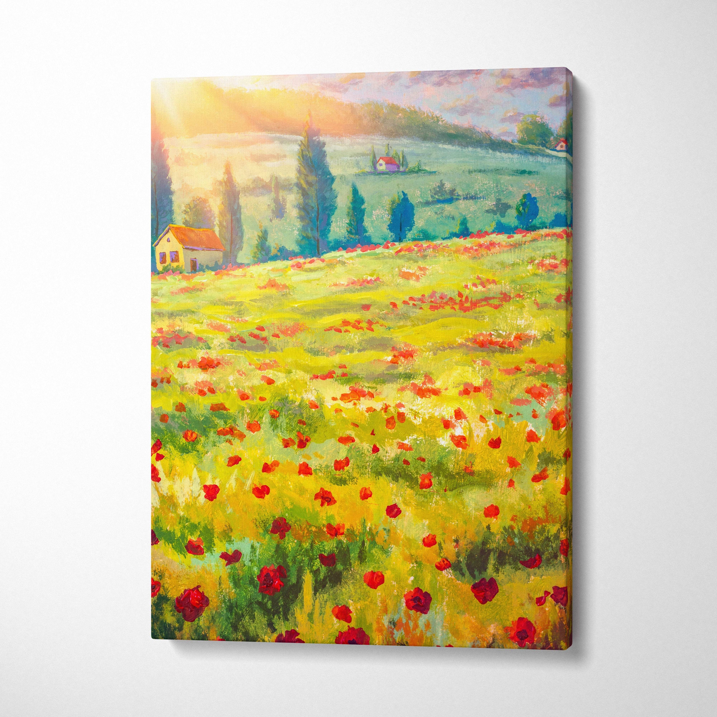 Yellow green poppy field canvas wall art painting of sunlit red poppies with green hills and pastel sky for farmhouse decor
