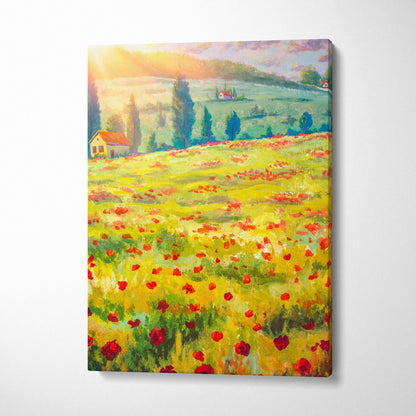 Yellow green poppy field canvas wall art painting of sunlit red poppies with green hills and pastel sky for farmhouse decor